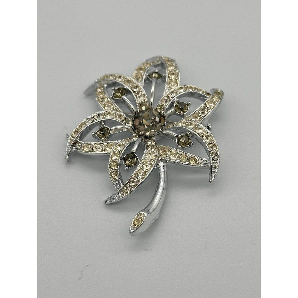 Sarah Coventry Silver Tone Floral Spray Brooch Smoky Rhinestone Pin